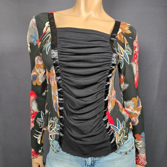 Vintage 90s Top Whimsigoth Black Asian Floral Print Size M Square Neck - Picture 1 of 9